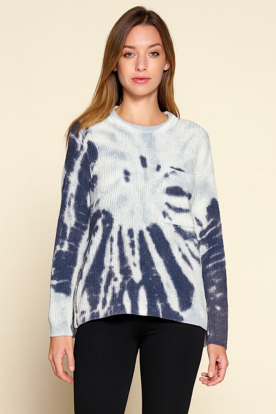 Belledini Womens Small Hi Low Sweater Navy Blue Haze Tie Dye Pocket Knit NWT